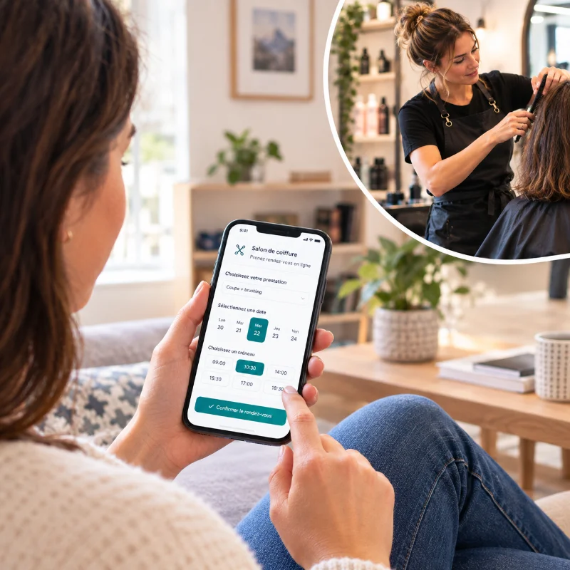Cliente qui réserve un rendez-vous en ligne sur son smartphone auprès d'un professionnel du Rhône